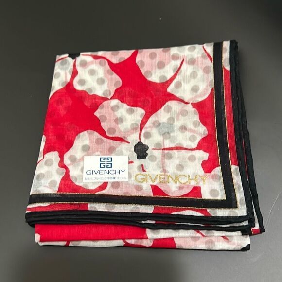 Givenchy 18x18 Cotton Square Scarf Red Floral Whimsical Preppy Twee Polka Dot - Picture 1 of 7